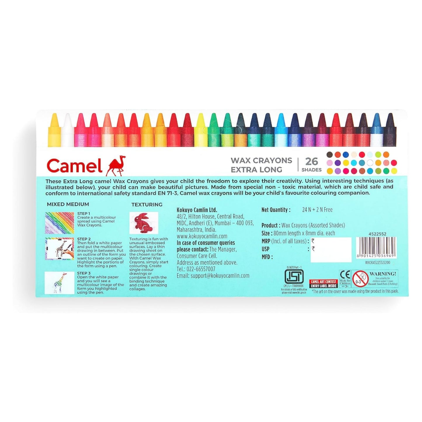 Camel Camlin Kokuyo Extra Long Wax Crayons - 26 Shades