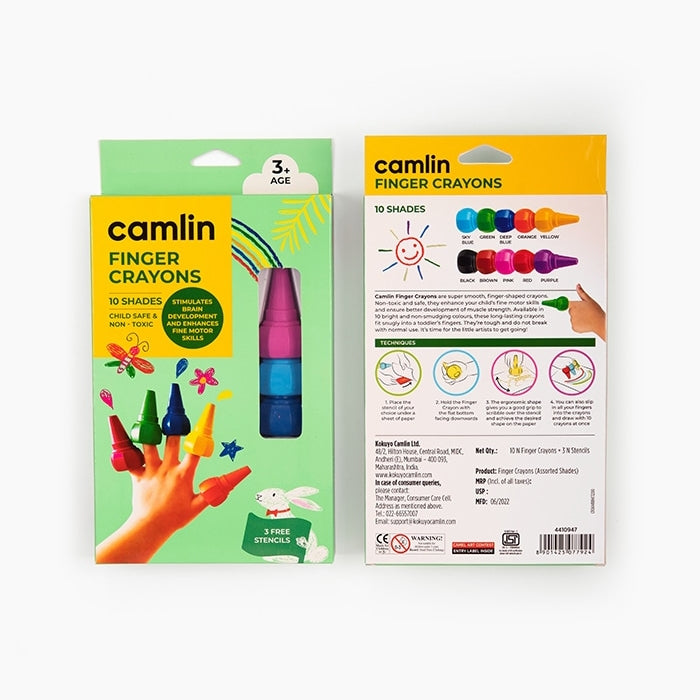 Camlin Camel Finger Grip Crayons - 10 Shades With Stencils
