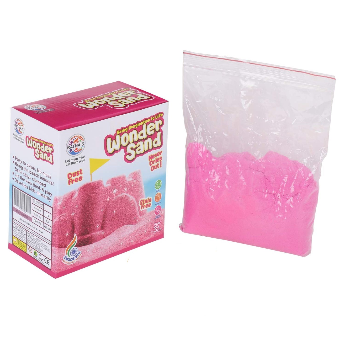 Ratna's Wonder Sand 500g Smooth Sand for Kids with One Big Mould Pink Colour - Creative Indoor Play Sand for Kids Beach Fun and Relaxation