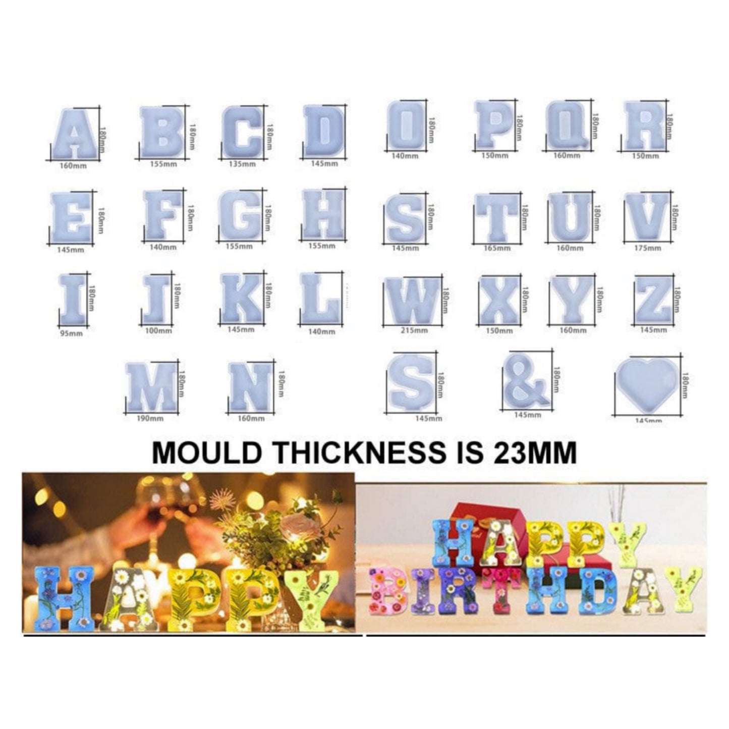 Silicone Mould 7 Inch Alphabet Monogram 29 Pc's