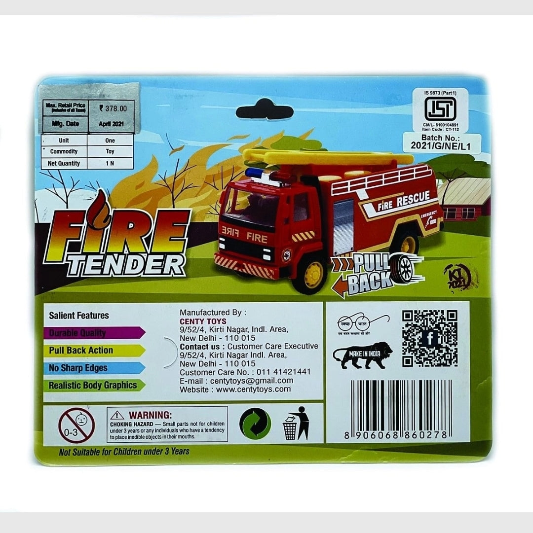 Centy Fire Tender Truck Toy for Kids Made of Non Toxic Plastic Pull Back Action
