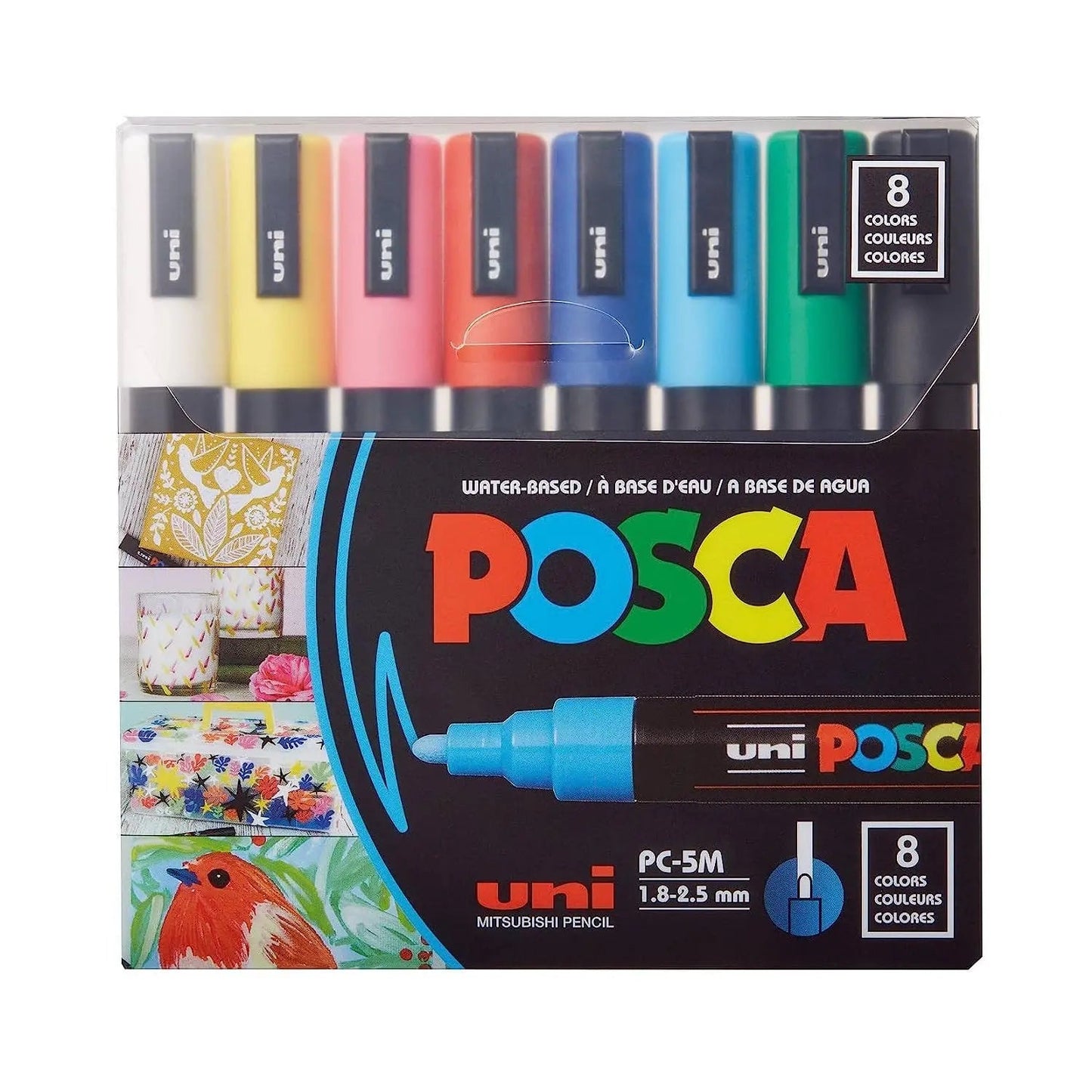 Posca uni-ball 5M 1.8-2.5 mm Bullet Shaped Paint Marker Pen | Reversible & Washable Tips | For Rocks Painting, Fabric, Wood, Canvas, Ceramic, Scrapbooking, DIY Crafts | 8 Shades, Pack of 8