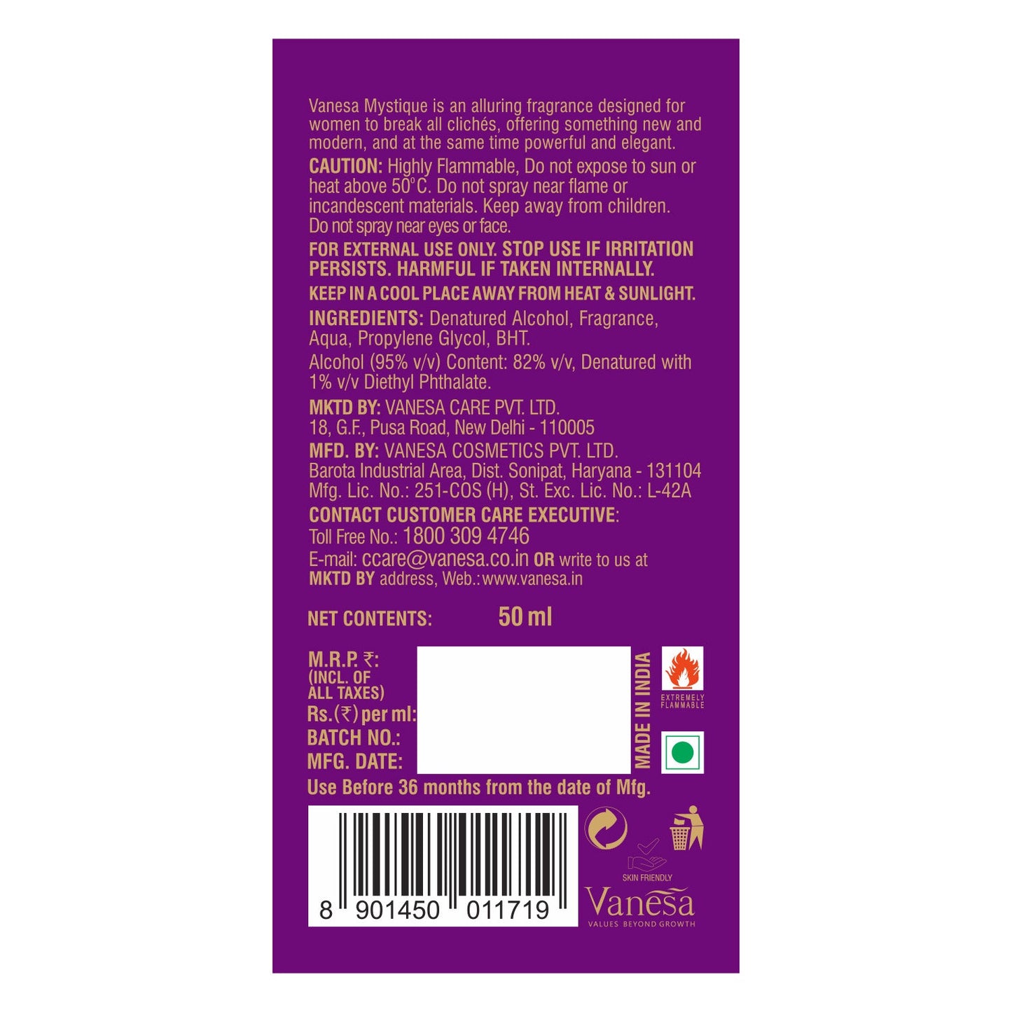 Vanesa Mystique Eau De Parfum Long Lasting Fragrance Perfume Skin Friendly For Women 50 ml