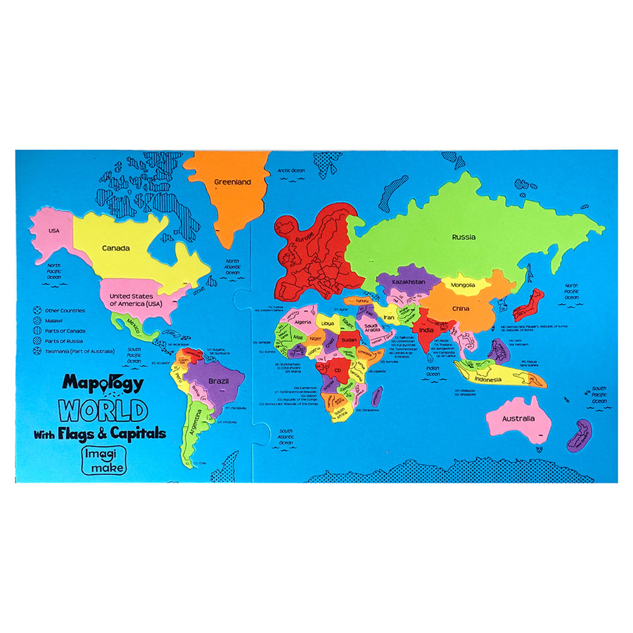Imagimake Mapology World Flags & Capitals Jigsaw Puzzle |75 Multi-Colored Country-Shaped Pieces | Birthday Gift for Boys and Girls| Educational Toys for Kids 5 Years | World Map Puzzle