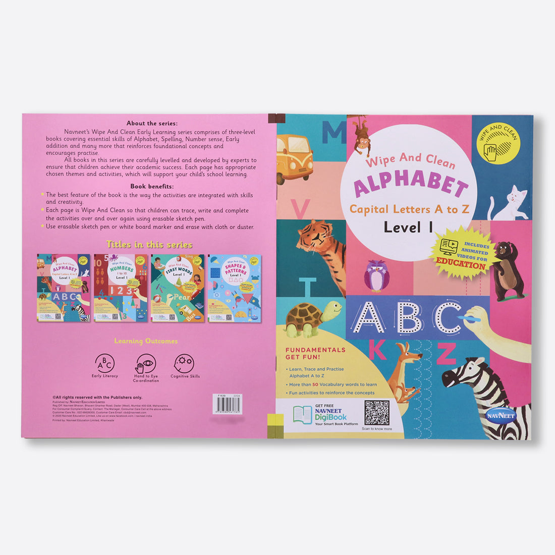 Navneet Wipe and Clean School readiness activity books - set of 4 - Alphabet A to Z, Numbers 1 to 10, First Words, Shapes & Patterns- Writing - Reusable Practice Books Level 1