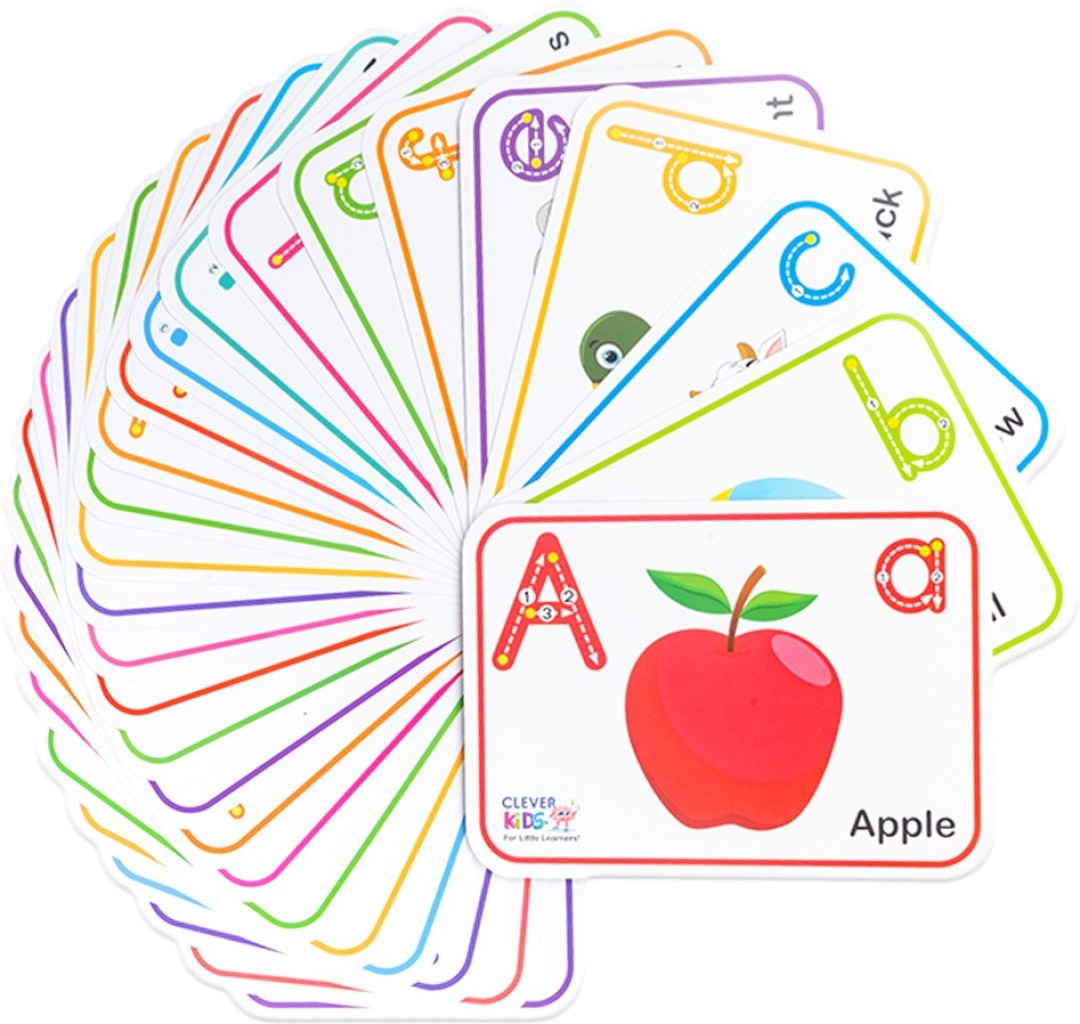 Clever Kids Alphabet Flash Card Double Sided, Preschool to Kindergarten, ABCs, Uppercase and Lowercase Letters, Spelling, Educational Learning for Kids 2 +