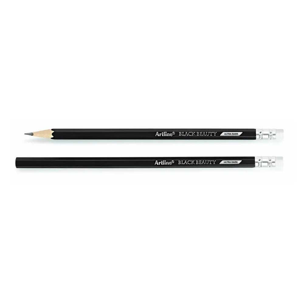 Artline Black Beauty Ultra Dark & Smooth Writing Pencil | Extra Dark | Rubber Tip Pencil | School, Office & Home Use | Free Sharpener |