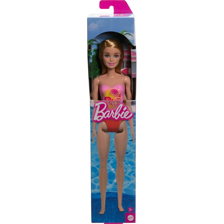 Barbie Beach Doll With Blond Hair Wearing Pink Palm Tree-Print Swimsuit