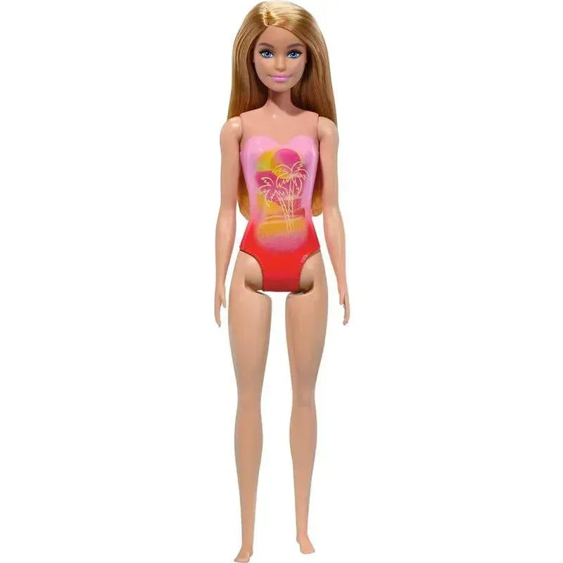 Barbie Beach Doll With Blond Hair Wearing Pink Palm Tree-Print Swimsuit