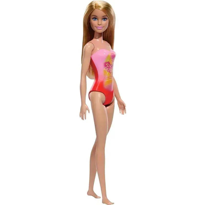 Barbie Beach Doll With Blond Hair Wearing Pink Palm Tree-Print Swimsuit