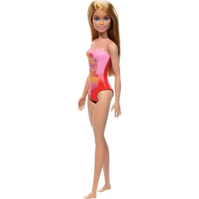 Barbie Beach Doll With Blond Hair Wearing Pink Palm Tree-Print Swimsuit