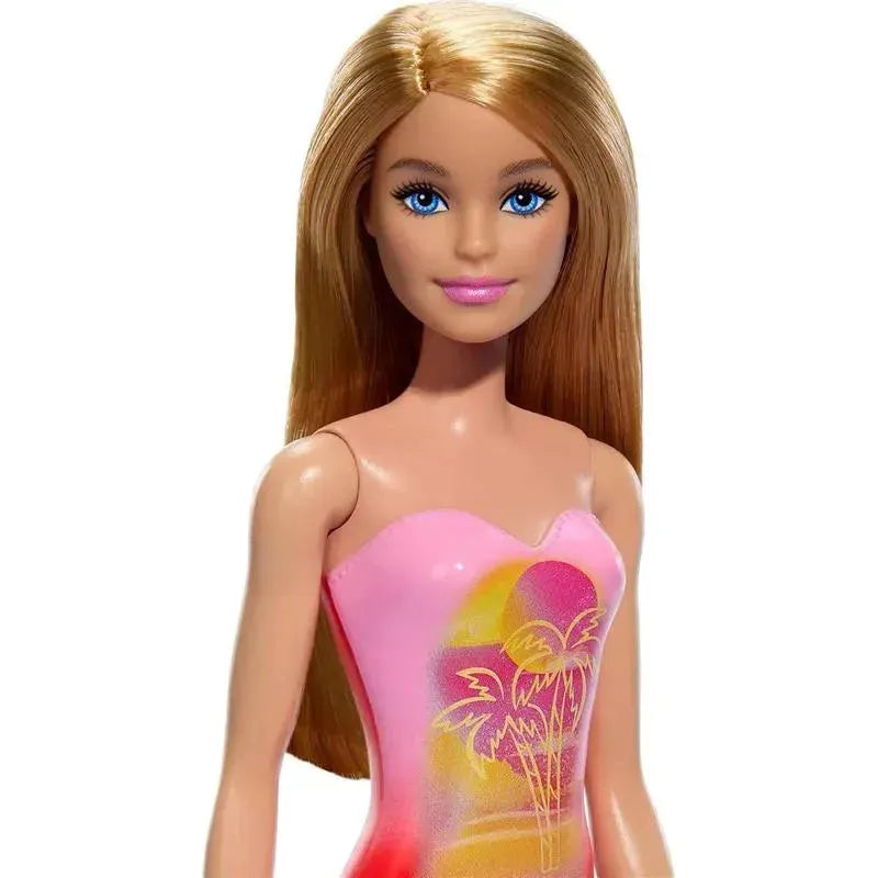 Barbie Beach Doll With Blond Hair Wearing Pink Palm Tree-Print Swimsuit