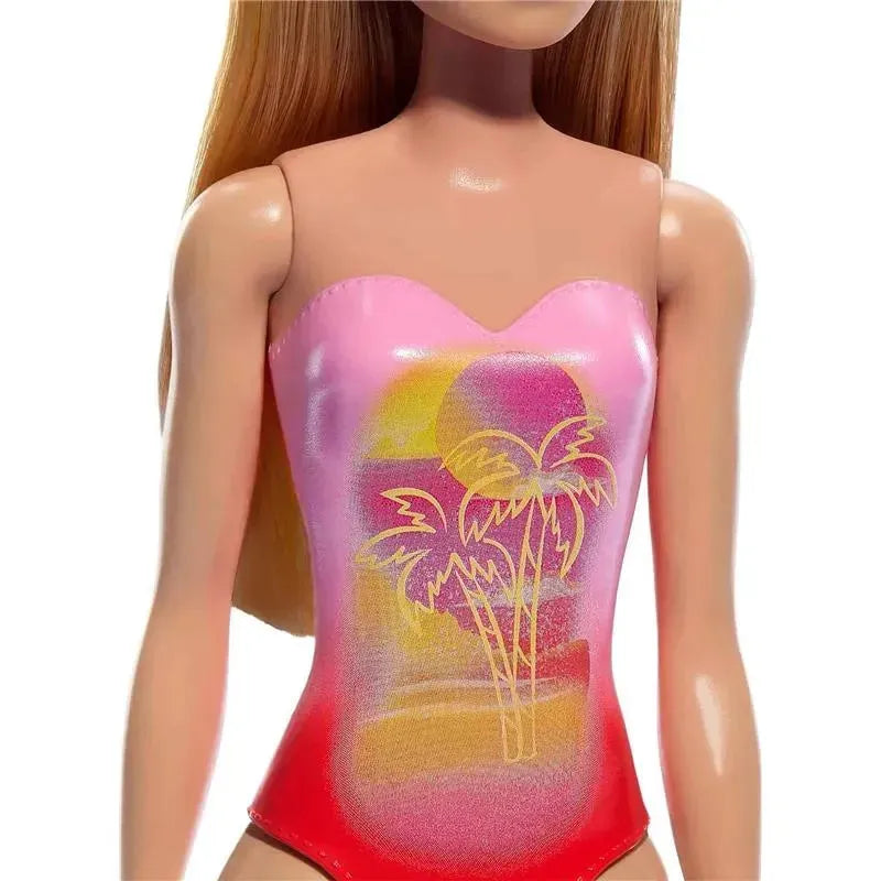 Barbie Beach Doll With Blond Hair Wearing Pink Palm Tree-Print Swimsuit