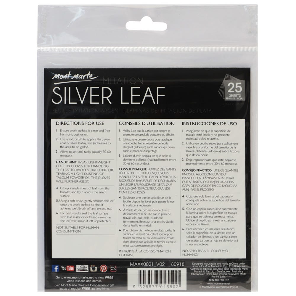 Mont Marte Imitation Silver Leaf Signature 14cm x 14cm (5.5in) 25 Sheets