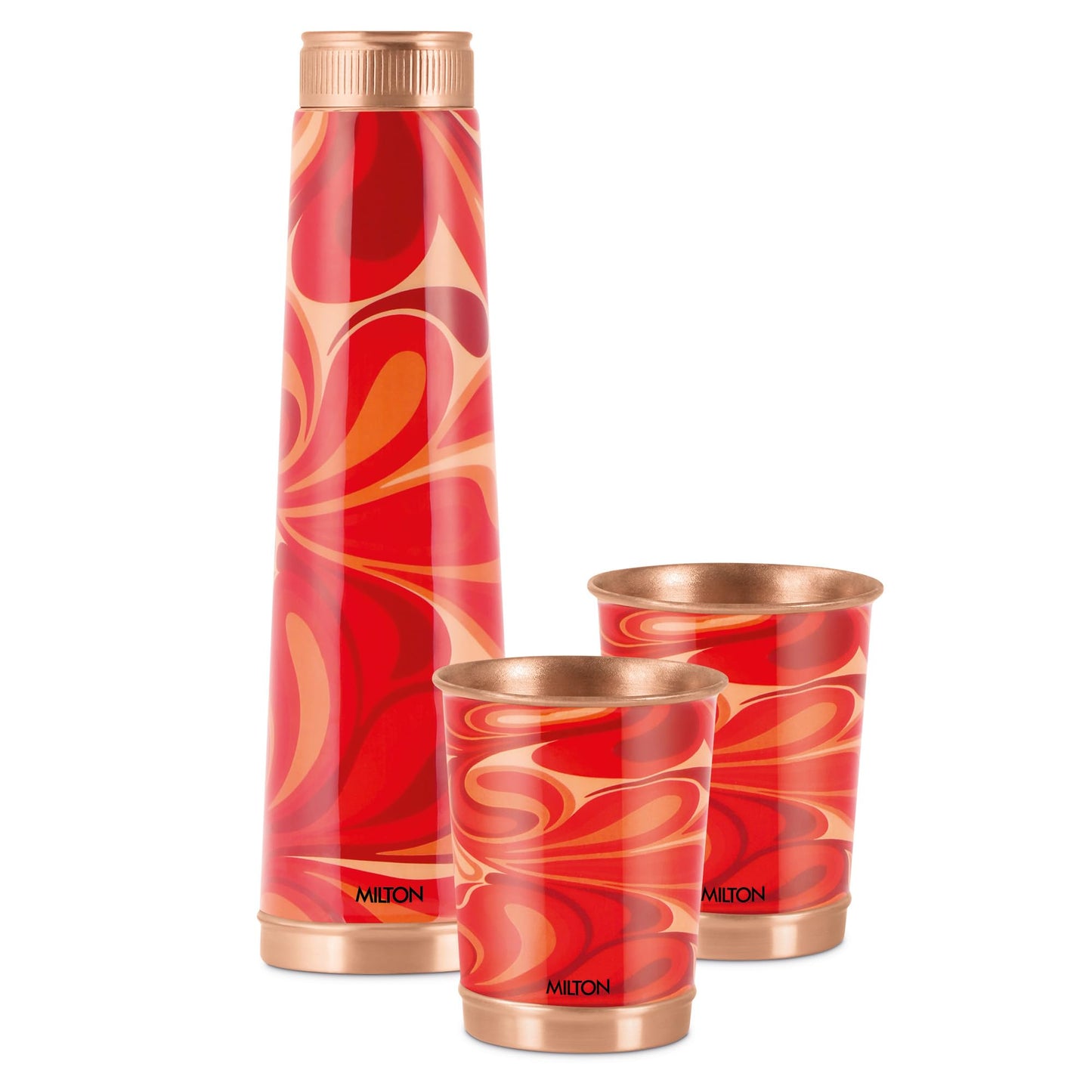 Milton Copper Eterna Diwali Gift Set (1 - Bottle 930 ml and 2-Tumbler 290 ml Each) Abstract Red Lacquer Coating Curved Bottle
