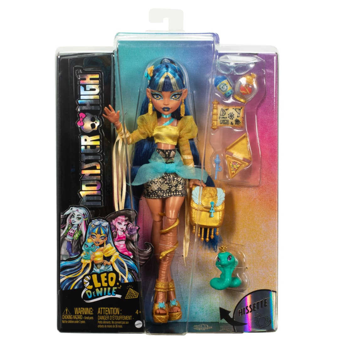 Monster High Cleo De Nile Doll in Golden Blouse & Layered Skirt Includes Pet Cobra Hissette & Accessories Like a Backpack, Snack & Scroll