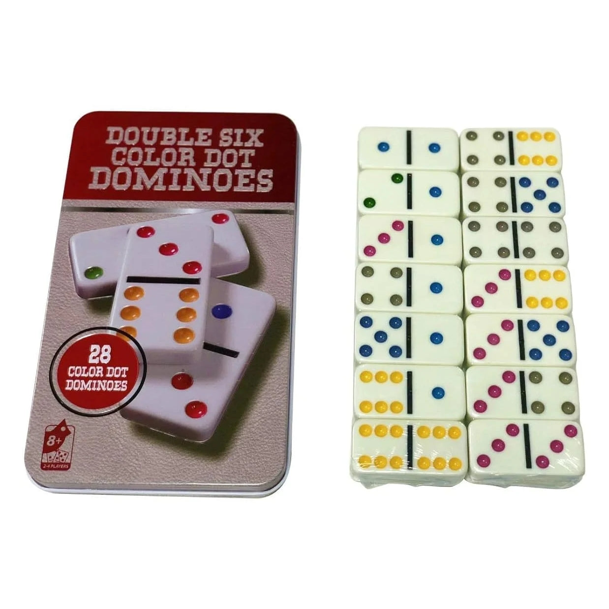 Double Six Color Dot Dominoes 28 Piece Set in Tin Case