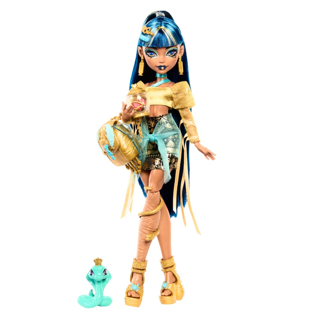 Monster High Cleo De Nile Doll in Golden Blouse & Layered Skirt Includes Pet Cobra Hissette & Accessories Like a Backpack, Snack & Scroll