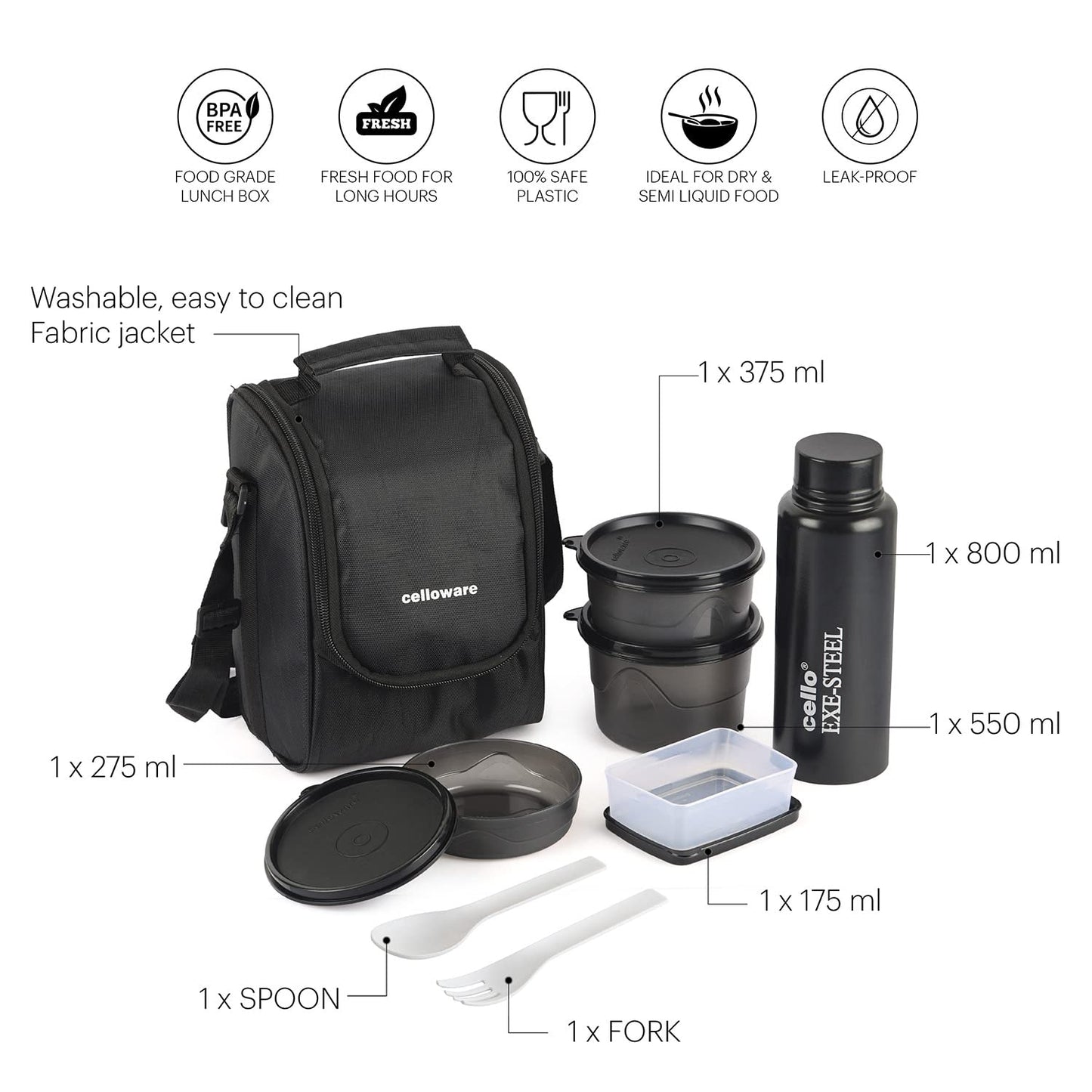 Cello MF All in One Lunch Box Set of 5 with Bag,Black 3 Containers with Steel Inner, 1 Plastic Pickle Box and 1 Steel Bottle Microwave Safe Insulated Tiffin