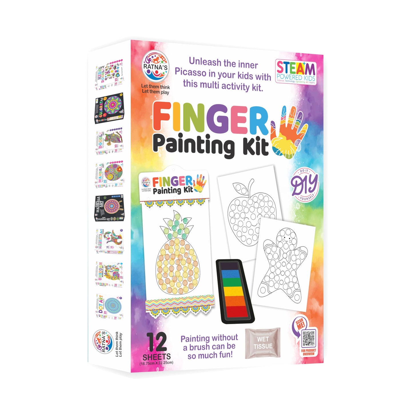 Ratna's Finger Painting Kit STEAM Learning, 12 Sheets with 6 Colour Tray, DIY Coloring Hand Paint Art and Craft Activity Set for Kids