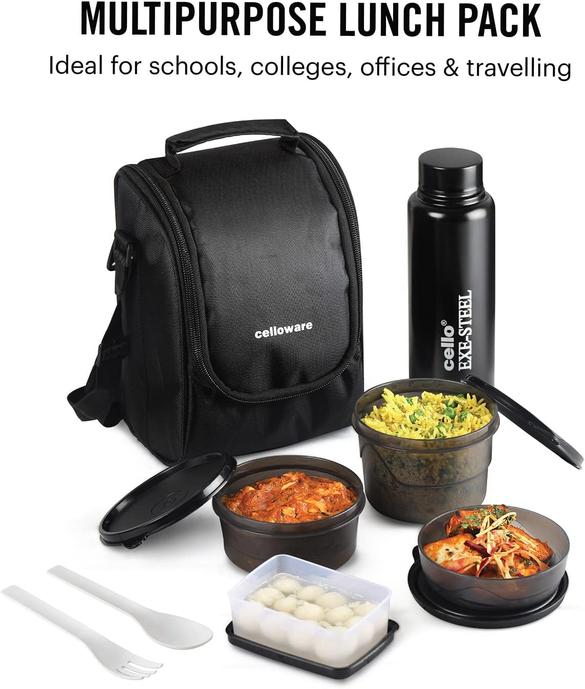 Cello MF All in One Lunch Box Set of 5 with Bag,Black 3 Containers with Steel Inner, 1 Plastic Pickle Box and 1 Steel Bottle Microwave Safe Insulated Tiffin