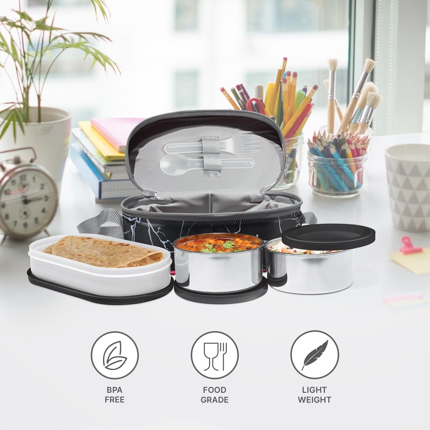 Milton Executive Lunch Box 2 Inner Steel Round Containers 280ml Each and 1 Microwave Safe Oval Plastic Container 450ml with Insulated Bag Office Tiffin Leakproof Easy to Carry - Black