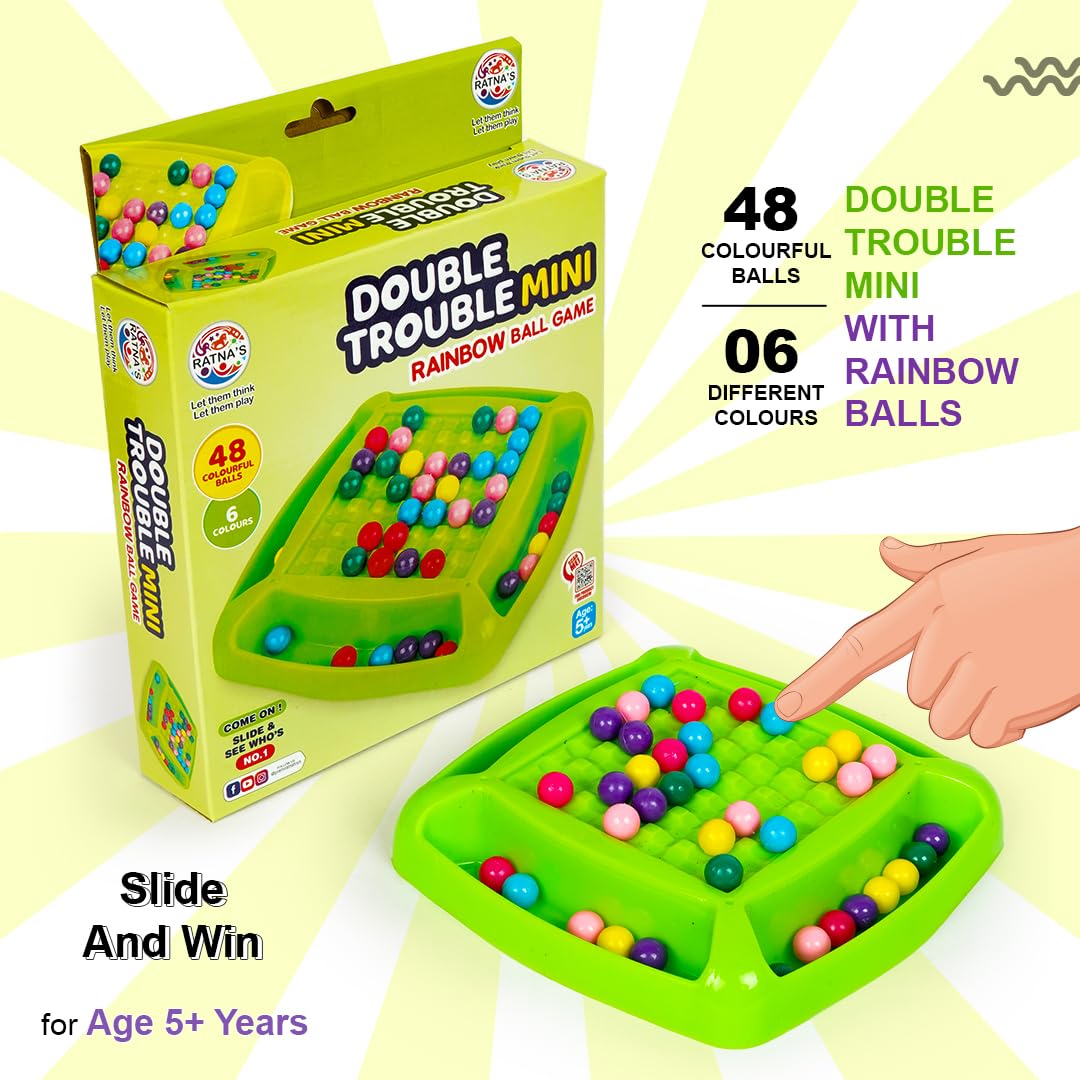 Ratna's Double Trouble Mini Rainbow Ball Game, 48 Colourful Balls, 6 Colours, Ages 5+, Board Game, Travel & Pocket Game for 2-4 Players