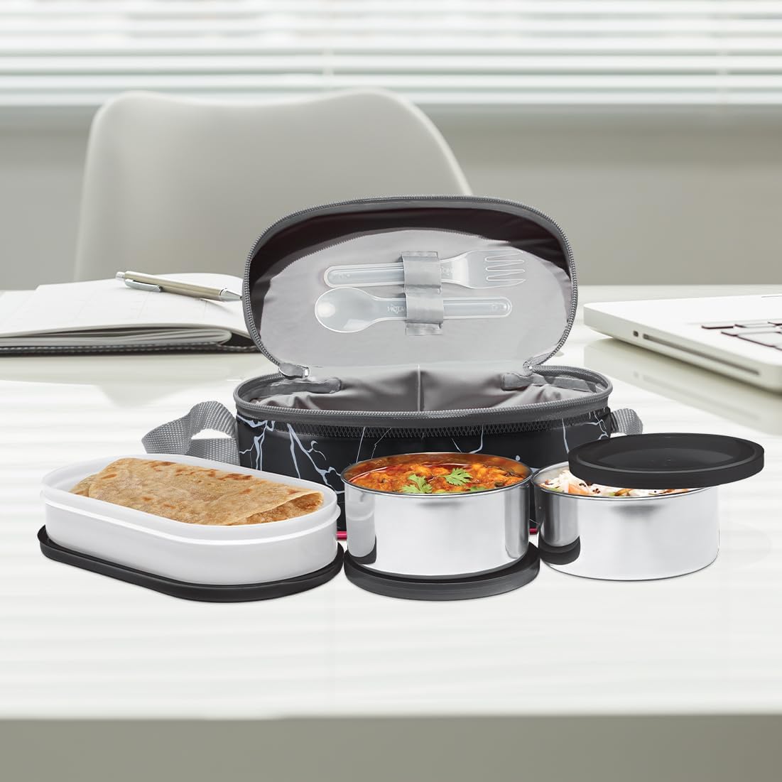 Milton Executive Lunch Box 2 Inner Steel Round Containers 280ml Each and 1 Microwave Safe Oval Plastic Container 450ml with Insulated Bag Office Tiffin Leakproof Easy to Carry - Black