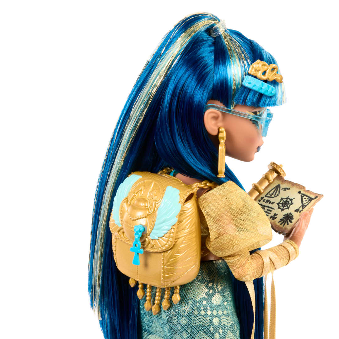 Monster High Cleo De Nile Doll in Golden Blouse & Layered Skirt Includes Pet Cobra Hissette & Accessories Like a Backpack, Snack & Scroll