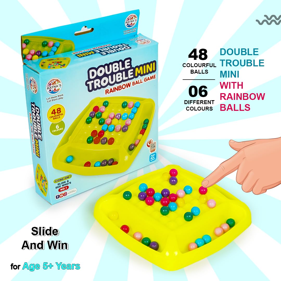 Ratna's Double Trouble Mini Rainbow Ball Game, 48 Colourful Balls, 6 Colours, Ages 5+, Board Game, Travel & Pocket Game for 2-4 Players