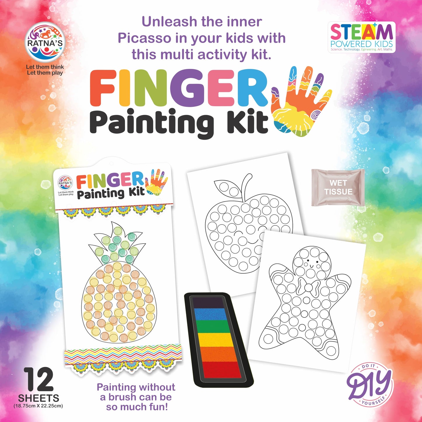 Ratna's Finger Painting Kit STEAM Learning, 12 Sheets with 6 Colour Tray, DIY Coloring Hand Paint Art and Craft Activity Set for Kids