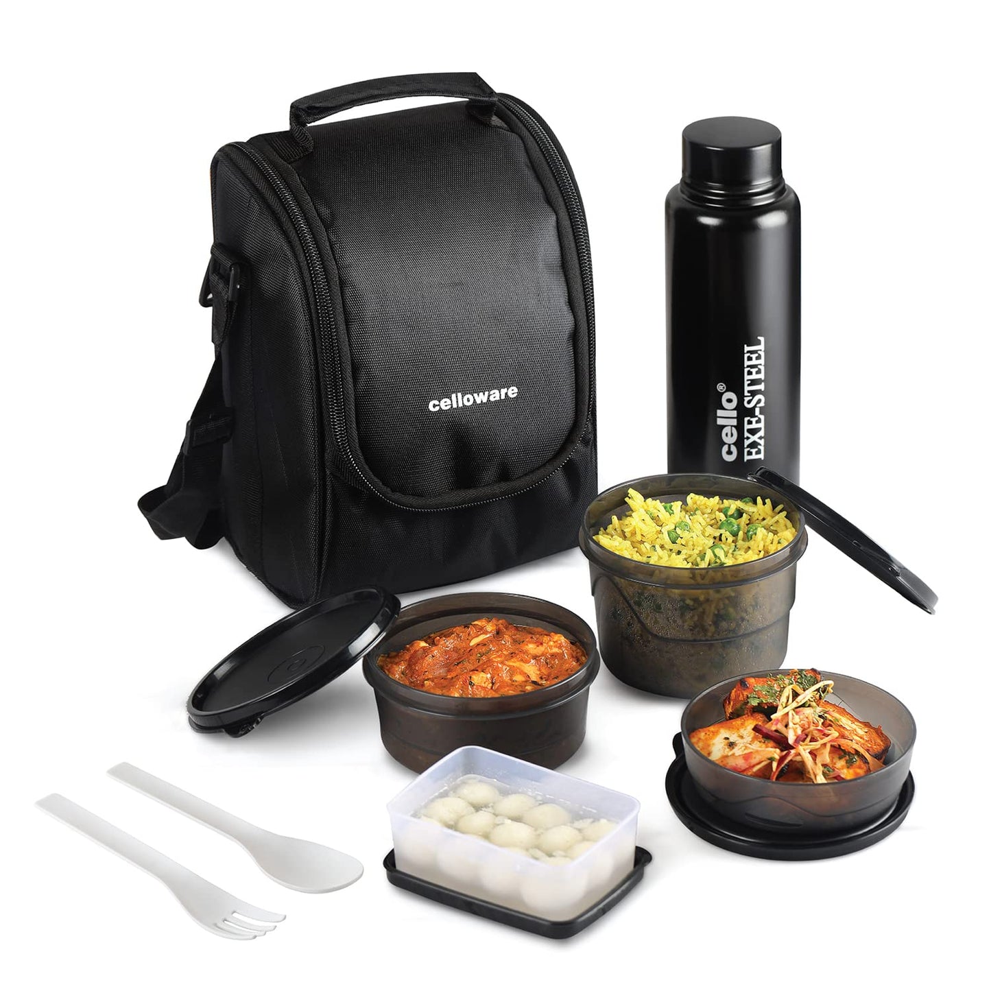 Cello MF All in One Lunch Box Set of 5 with Bag,Black 3 Containers with Steel Inner, 1 Plastic Pickle Box and 1 Steel Bottle Microwave Safe Insulated Tiffin