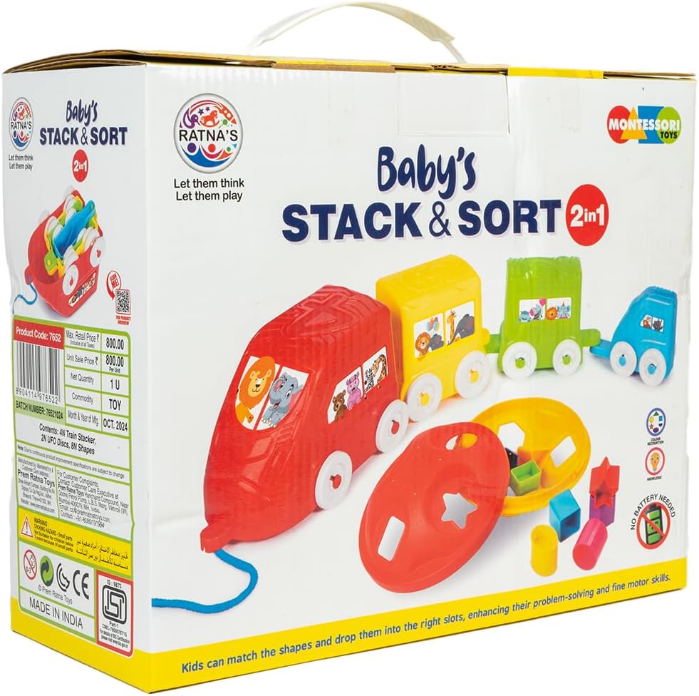 Ratna's Baby's Stack & Sort 2-in-1 Educational Toy with Train Stacker, Nesting, Stacking, Pull Along & Shape Sorting Toy for Kids 1+ Years