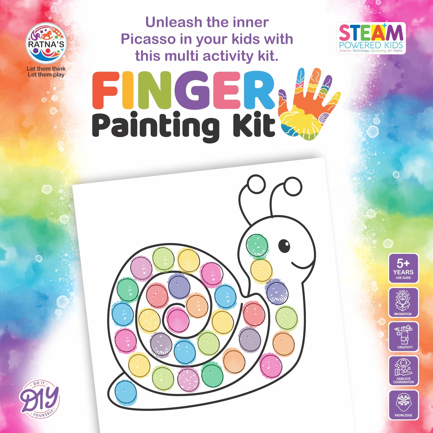 Ratna's Finger Painting Kit STEAM Learning, 12 Sheets with 6 Colour Tray, DIY Coloring Hand Paint Art and Craft Activity Set for Kids