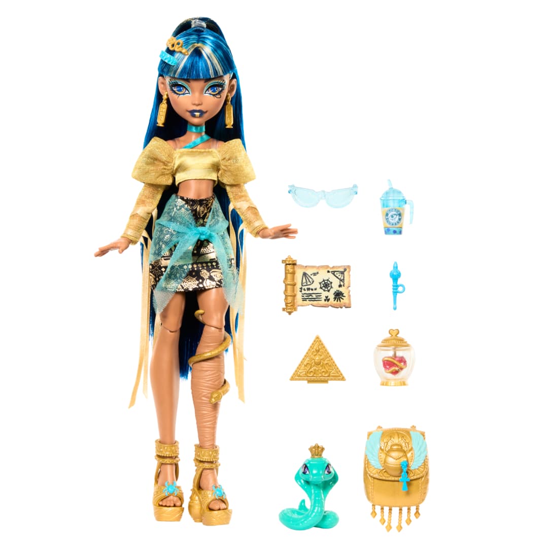 Monster High Cleo De Nile Doll in Golden Blouse & Layered Skirt Includes Pet Cobra Hissette & Accessories Like a Backpack, Snack & Scroll
