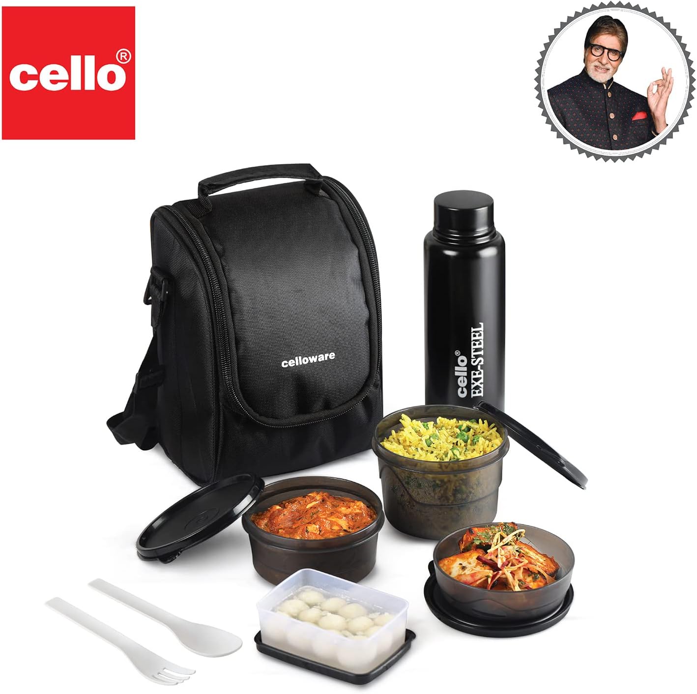 Cello MF All in One Lunch Box Set of 5 with Bag,Black 3 Containers with Steel Inner, 1 Plastic Pickle Box and 1 Steel Bottle Microwave Safe Insulated Tiffin