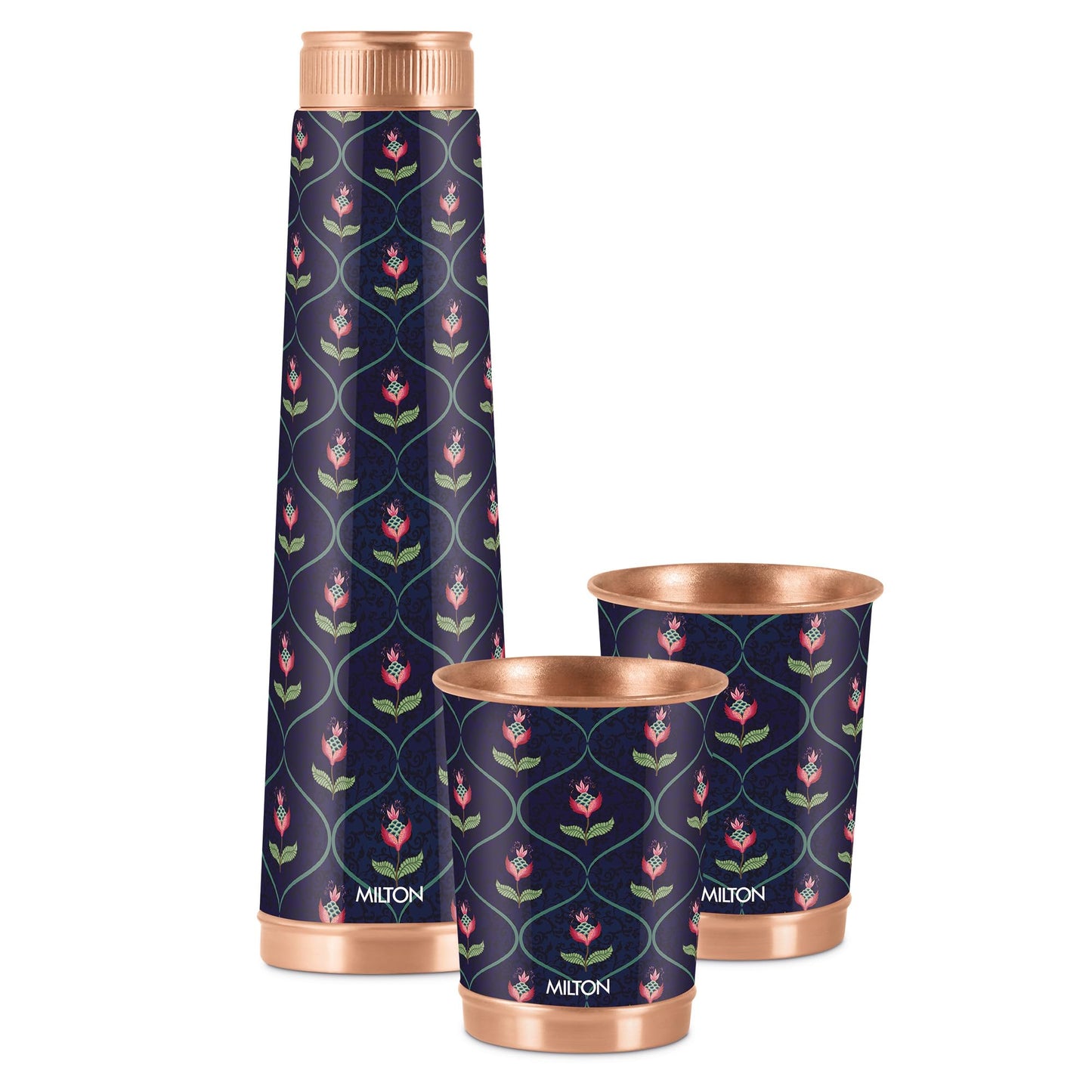 Milton Copper Eterna Diwali Gift Set (1- Bottle 930 ml and 2-Tumbler 290 ml Each) Ethnic Blue