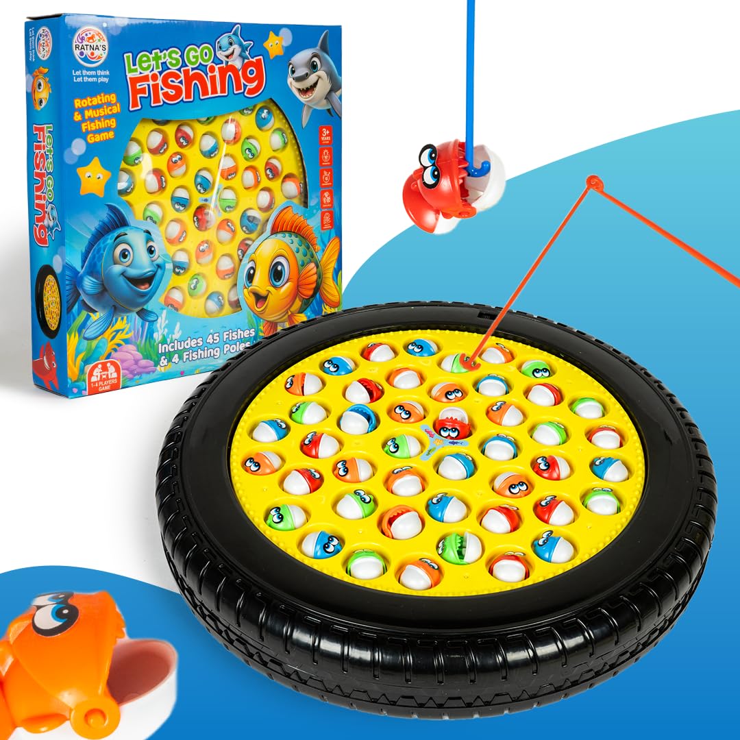 Ratna's Lets Go Fishing Musical Board Fish Game with Rotating Pond, 45 Fishes & 4 Fishing Poles, 1-4 Players Board Games for Kids 4+ Years