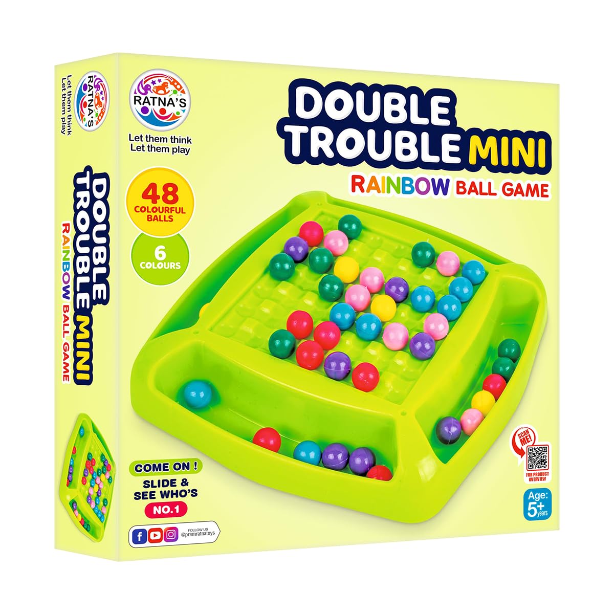 Ratna's Double Trouble Mini Rainbow Ball Game, 48 Colourful Balls, 6 Colours, Ages 5+, Board Game, Travel & Pocket Game for 2-4 Players