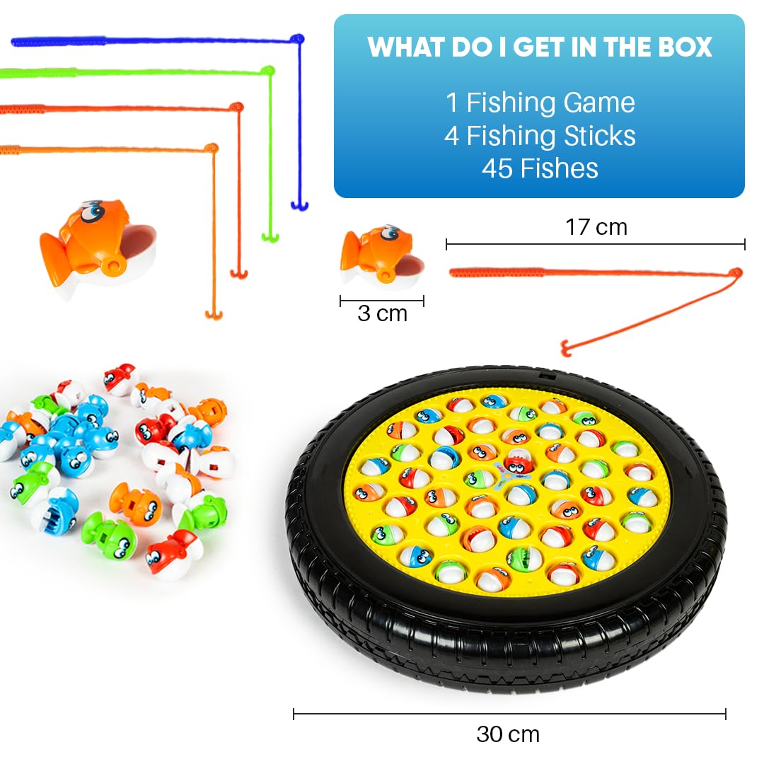Ratna's Lets Go Fishing Musical Board Fish Game with Rotating Pond, 45 Fishes & 4 Fishing Poles, 1-4 Players Board Games for Kids 4+ Years