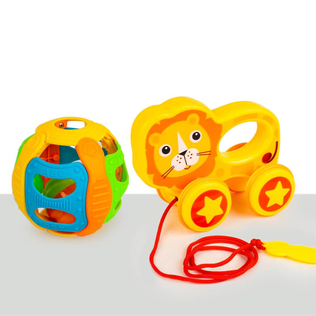 Ratna's Jazz Gift Set, 2-in-1 Baby Toys with Pull Along Lion and Rattling Ball, New Born Toys for 6 Month+ Old Baby