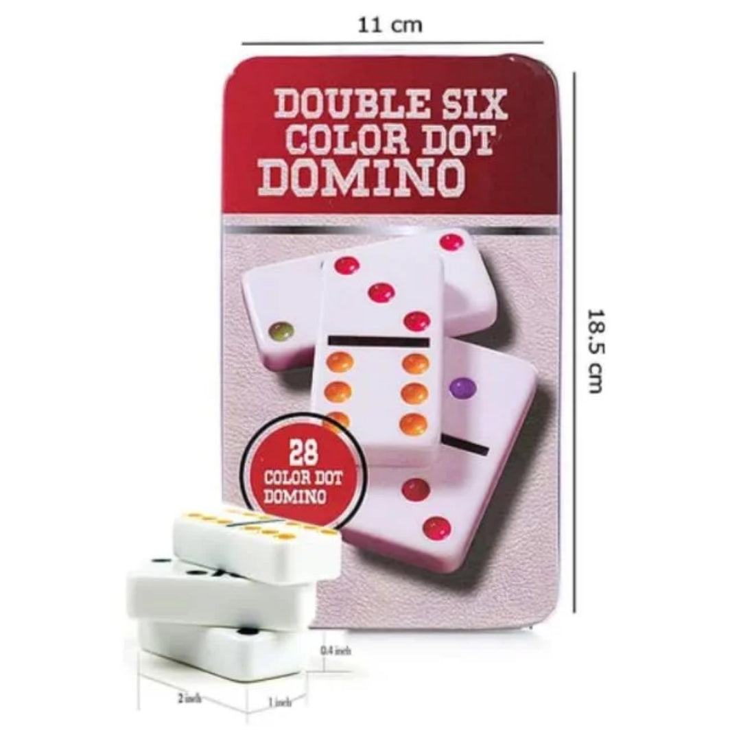 Double Six Color Dot Dominoes 28 Piece Set in Tin Case