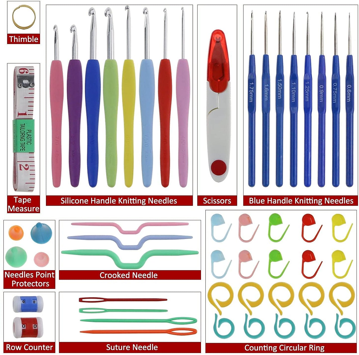 52 Pc's Knitting & Crochet Hook Set with Ergonomic Soft Grip Handles Complete Kit with Yarn Scissors, Stitch Markers, Needle Caps & Organizer Case for Beginners & Experts