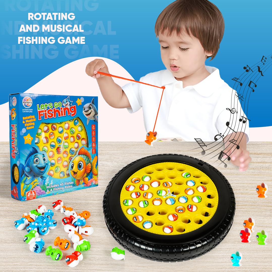Ratna's Lets Go Fishing Musical Board Fish Game with Rotating Pond, 45 Fishes & 4 Fishing Poles, 1-4 Players Board Games for Kids 4+ Years