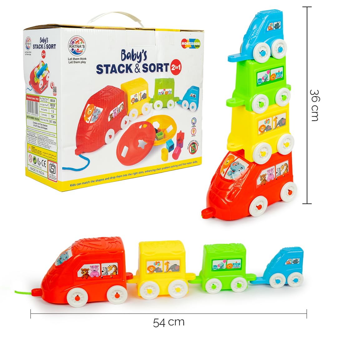 Ratna's Baby's Stack & Sort 2-in-1 Educational Toy with Train Stacker, Nesting, Stacking, Pull Along & Shape Sorting Toy for Kids 1+ Years