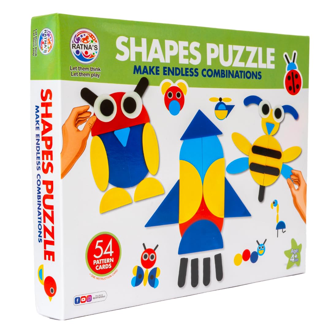 Ratna's Shapes Puzzle Educational Toy, 54 Pattern Challenge Cards, Creative Building Game for Kids 4+ Years