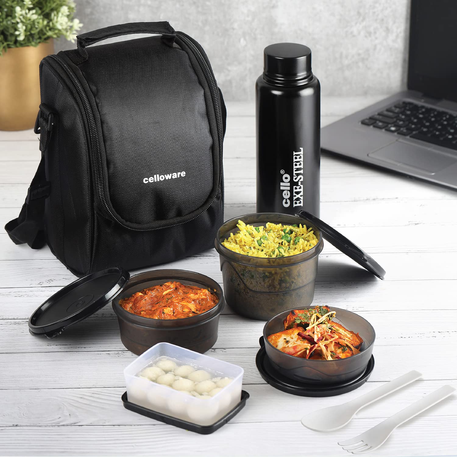 Cello MF All in One Lunch Box Set of with Bag,Black Containers with Steel Inner, Plastic Pickle Box and Steel Bottle Microwave Safe Insulated