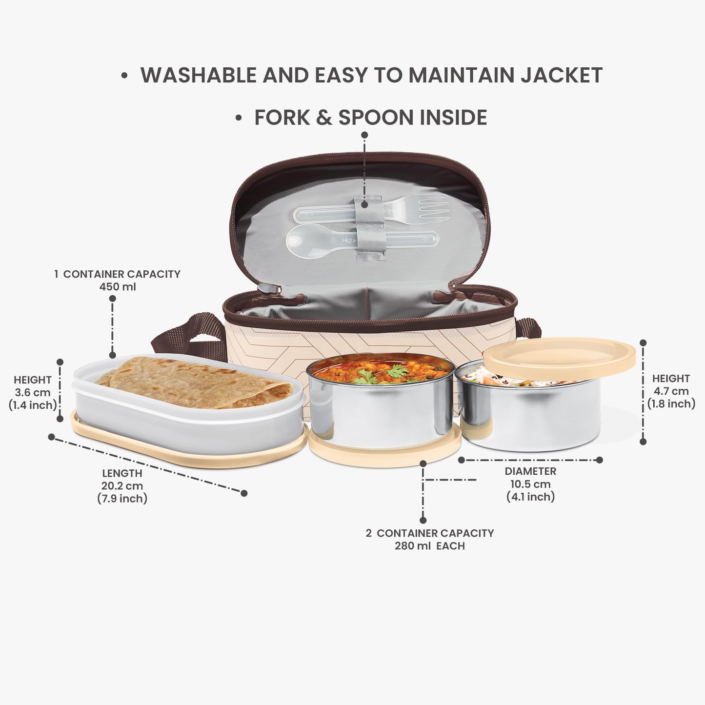 Milton Executive Lunch Box 2 Inner Steel Round Containers 280ml Each and 1 Microwave Safe Oval Plastic Container 450ml with Insulated Bag Office Tiffin Leakproof Easy to Carry - Beige