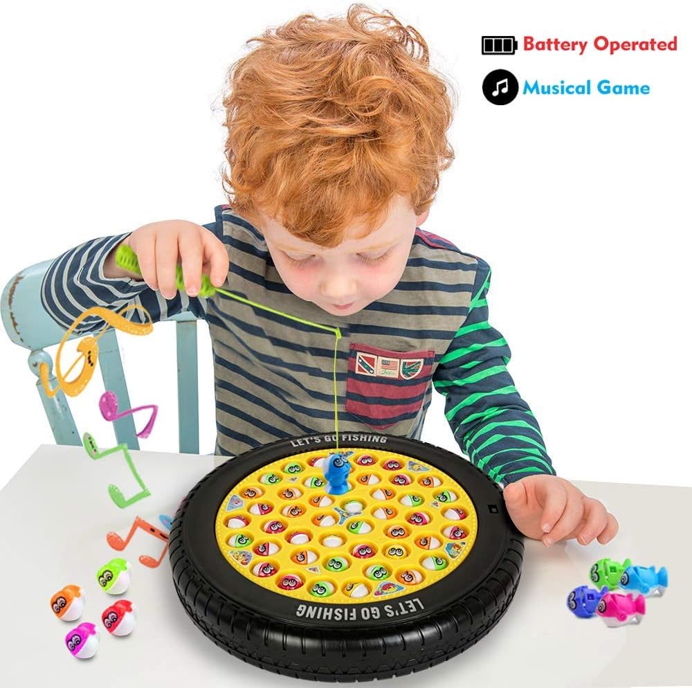 Ratna's Lets Go Fishing Musical Board Fish Game with Rotating Pond, 45 Fishes & 4 Fishing Poles, 1-4 Players Board Games for Kids 4+ Years