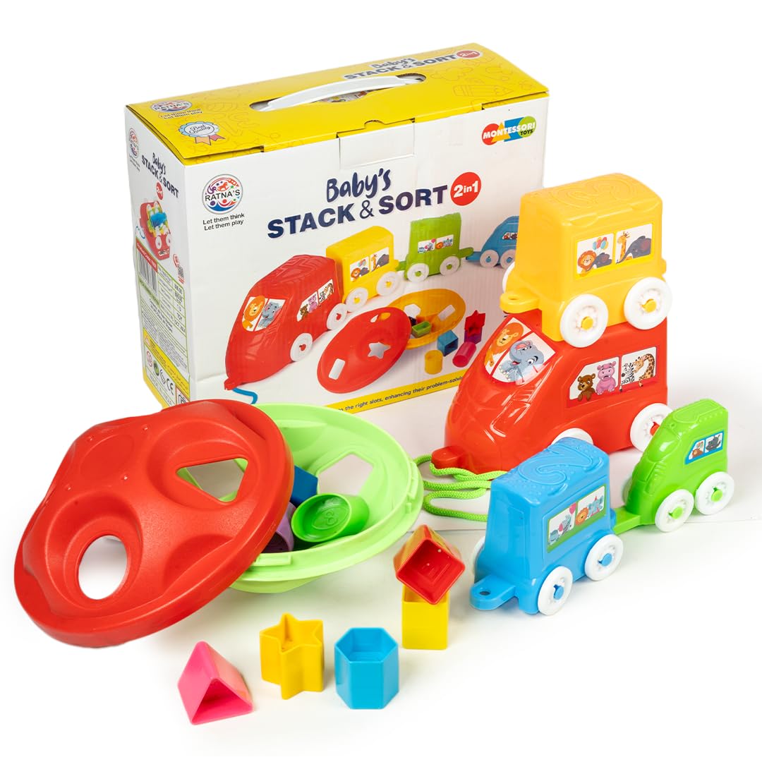 Ratna's Baby's Stack & Sort 2-in-1 Educational Toy with Train Stacker, Nesting, Stacking, Pull Along & Shape Sorting Toy for Kids 1+ Years